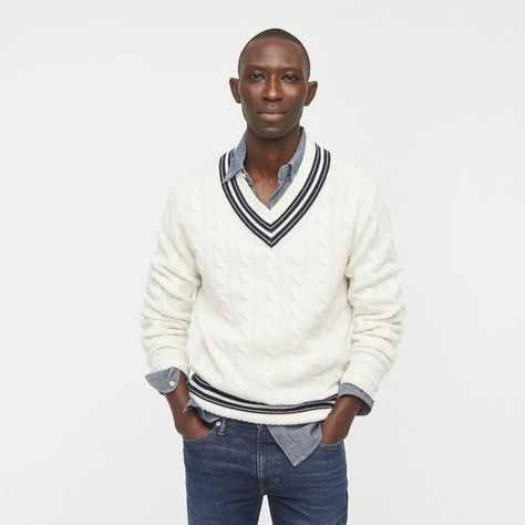 J.Crew: Cashmere Cable-knit V-neck Cricket Sweater For Men Cricket Sweater, Dior Shades, Raglan Sleeve Sweater, Sweater For Men, Men's Sweaters, Winter Outfits Men, Mens Winter Fashion, Cool Sweaters, Pullover Men