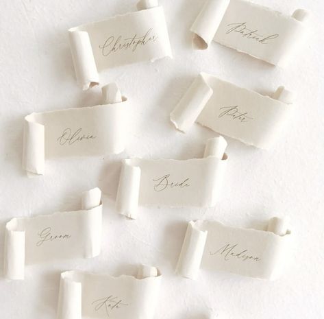 Scroll Place Cards, Easy Tablescapes, Classic Menu Design, Wedding Name Tags, Stationary Ideas, Paper Scroll, Wedding Buffet, Name Place Cards, Venue Decorations