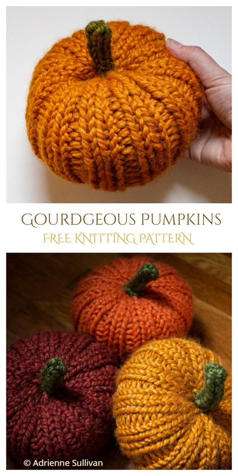 Knit Pumpkins Free Knitting Patterns - Knitting Pattern Knitted Cupcakes, Knitting Pumpkins, Halloween Knitting Patterns Free, Knitted Decorations, Knit Leaves, Pumpkin Knitting, Halloween Knit, Knitted Pumpkins, Halloween Knitting Patterns