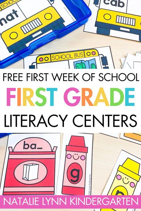 First grade teachers, grab these FREE first week of school center activities to make planning your back to school centers so much easier. Planning centers in first grade can be challenging, especially the first week of school. These fun and engaging free center activities are perfect for the beginning of first grade. They focus on foundational skills for first grade including beginning sounds, ending sounds, CVC words, and color words. Grab these free centers for first grade here. First Grade Center Ideas, First Week Of First Grade, Centers For First Grade, First Grade Centers, 1st Grade Centers, First Grade Back To School, Instructional Activities, Elementary Literacy Activities, Ending Sounds