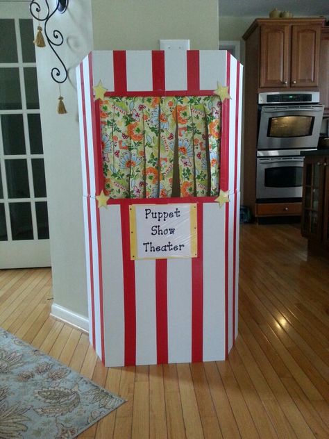 Display board craft. DIY puppet show theater. 2 Display boards, colored tape, bright fabric. Preschool, nursery, daycare learning center. Dramatic play center theater. Diy Puppet Show, Puppet Show Theater, Nursery Daycare, Diy Puppet, Puppet Stage, Theatre Diy, Dramatic Play Center, Bright Fabric, Colored Tape