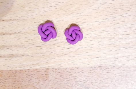 DAS Smart lavender polymer clay with Japanese square knot design. Clay Knot, Polymer Clay Studs, Clay Studs, Infinity Knot, Square Knot, Knot Studs, Knot Design, Handmade Beaded Jewelry, Diy Clay