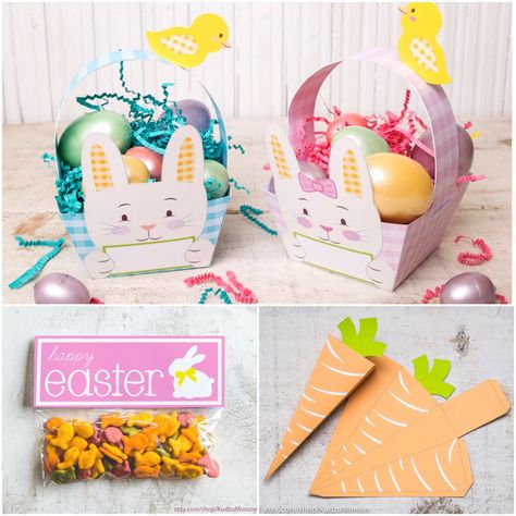 Easter's on its way! Get a cute printable craft instantly from Kudzu Monster's Easter shop! 🐣 Foldable Easter baskets, cute carrot candy cones, treat toppers and more! Easter Chicks Diy, Origami Box Easy, Easter Bunny Gifts, Easter Bunny Basket, Gift Holders, Candy Packaging, Bunny Basket, Baby Chick, Bunny Gifts