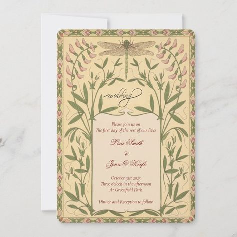 Vintage Nouveau  Dragonfly Wedding Invitations | Zazzle Eclectic Wedding Invitations, Fairytail Wedding, Dragonfly Wedding, Forest Invitation, Cottage Core Wedding, Art Nouveau Frame, Whimsical Wedding Invitations, Vintage Garden Party, Vintage Garden Parties