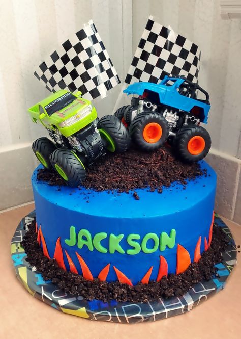 Mini Monster Truck Cake, Monster Truck 2nd Birthday Cake, Blue Monster Truck Cake, Monster Jam Birthday Party Ideas Cake, Pastel Monster Truck, Monster Truck Cupcake Cake, Diy Monster Truck Cake, Monster Truck Cakes, Monster Jam Cakes For Boys