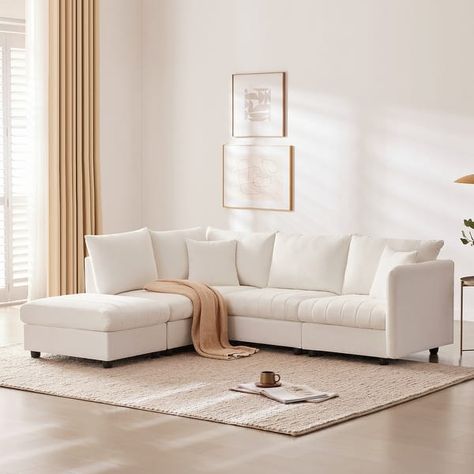 Linen L-shape Sectional Sofa w/ Ottoman, Vertical Stripes Modular Sofa - On Sale - Bed Bath & Beyond - 40203082 Modern Sectional Sofa, White Sectional, Couch With Ottoman, High Quality Sofas, Modular Couch, Fabric Sectional Sofas, Modern Sofa Sectional, Couch Set, Sectional Sofa Couch