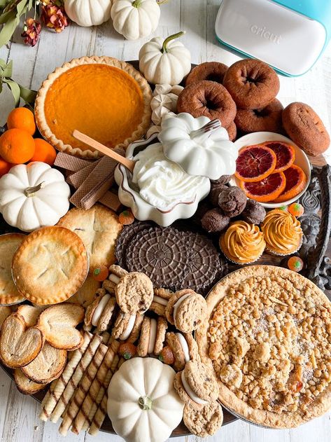 #ad Make a delicious and stunning Fall dessert charcuterie board that is perfect for Fall entertaining. I'm sharing all the details how to make this stunning masterpiece and how you can personalize the board with your Cricut machine. #CricutMade Round Board Charcuterie, Autumn Charcuterie Board Aesthetic, Thanksgiving Snack Charcuterie Board, Thanksgiving Desserts Charcuterie Board, Bakery Charcuterie Board, Dessert Thanksgiving Charcuterie Board, Fall Dessert Platter, Fall Desert Board, Thanksgiving Food Charcuterie Board