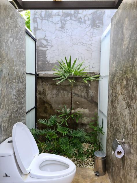 Photo about Outdoor toilet in nature. Image of wall, nature, toilet - 200789846 Toilet Design With Plants, Nature Toilet Design, Outdoor Toilet Design Modern, Outside Toilet Ideas Outdoor Bathrooms, Garden Toilet Ideas, Outside Toilet Ideas, Toilet Outdoor Design, Outdoor Toilet Design, Outdoor Toilet And Shower