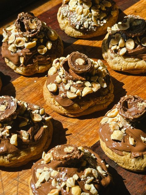 Ferrero Rocher Cookies - Cocos Bakes N Buns Ferrero Rocher Cookies, Ferrero Cookies, Recipe Folder, Ferrero Rocher Chocolates, Baking 101, Big Cookie, Cookie Ball, Cookie Spread, Savory Vegan