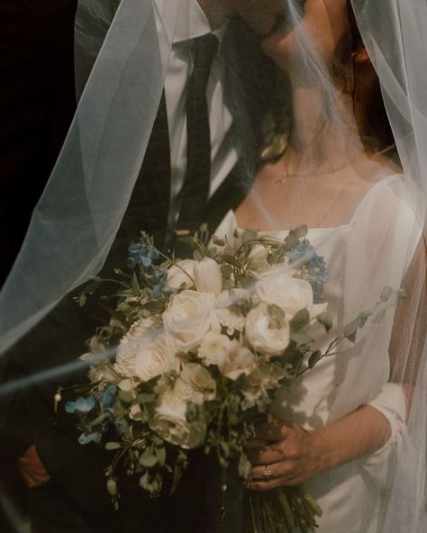 Wedding veil, wedding florals, white and blue florals, wedding bouquet, film wedding photos, vintage wedding, wedding photos, classic wedding, elegant wedding, mountain wedding, colorado wedding Enchanted Wedding Photos, Dreamy Aesthetic Wedding Photography, Wedding Bouquets Photography, Editorial Wedding Aesthetic, Romantic Vintage Wedding Photography, Timeless Bride And Groom, Wedding Veil Shots, Wedding Photography Veil, Vintage Photography Wedding