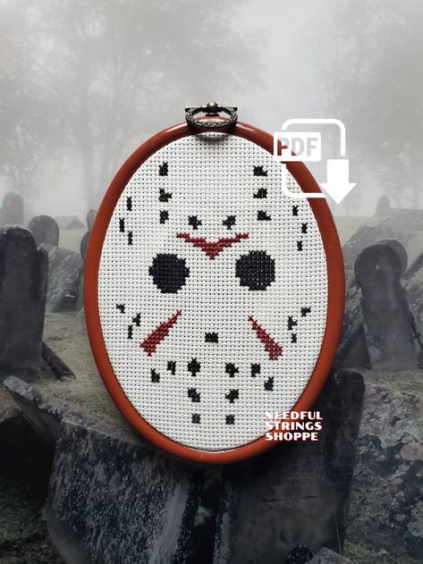 PDF DOWNLOAD Jason Voorhees Mask Cross Stitch Pattern - Etsy UK Horror Cross Stitch, Jason Voorhees Mask, Fall Cross Stitch, Cross Stitch Quotes, Halloween Embroidery Designs, Easy Cross Stitch Patterns, Halloween Cross Stitch Patterns, Halloween Cross Stitches, Halloween Embroidery