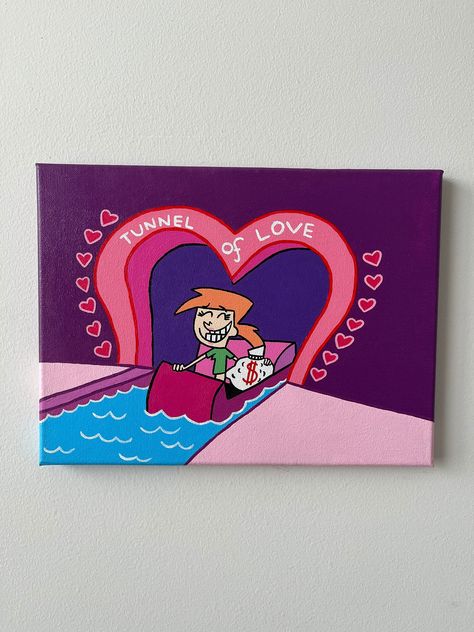 Vicky from Fairly Odd Parents in the Tunnel of Love! Freehanded in pencil and painted over with acrylic paint. Sealed with a finishing spray. Cute Canvas Paintings Aesthetic, Love Canvas Painting, Art Mini Toile, Pink Canvas Art, Disney Canvas Art, Paint Inspo, Fairly Odd Parents, Odd Parents, Tunnel Of Love