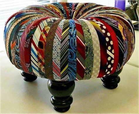 Ottoman made from old neckties. A great gift for dad when he retires and doesn't need all those ties anymore. Tie Projects, Tire Craft, Necktie Crafts, Old Ties, Tie Crafts, Old Tires, Great Gifts For Dad, Neck Ties, Recycled Crafts