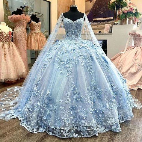 Butterfly Quince Dress, Light Blue Quinceanera Dresses, Quince Dresses Blue, Quinceanera Themes Dresses, Ball Gown Prom Dresses, Gown Prom Dresses, Sweet 15 Dresses, Quinceñera Dresses, 15 Dresses Quinceanera