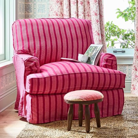 Winnie English Arm Slipcovered Armchair | Greenrow Slipcovered Armchair, Striped Armchair, Home Goods Furniture, Comfy Armchair, Main Squeeze, Pink Chair, High Quality Bedding, Foot Stool, Stylish Bedroom