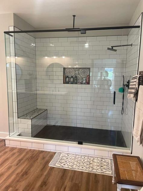 Masterbath Tile Showers, Large Standing Shower Ideas, Brick Walk In Shower Ideas, White Shower Grey Floor, Bathroom With Large Shower No Tub, Long Narrow Shower Ideas, Tile Stand Up Shower Ideas, Black And White Walk In Shower Ideas, Walk In Shower Tile Ideas Color Schemes