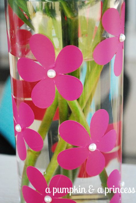 Project Idea: Vase decorated with vinyl flowers and pearl embellishments from A Pumpkin and A Princess Flowers Vase Ideas, Glass Vase With Flowers, Mothers Day Baskets, Vase Ideas, Vase With Flowers, Flowers Vase, Vase Crafts, Handprint Craft, Cameo Projects