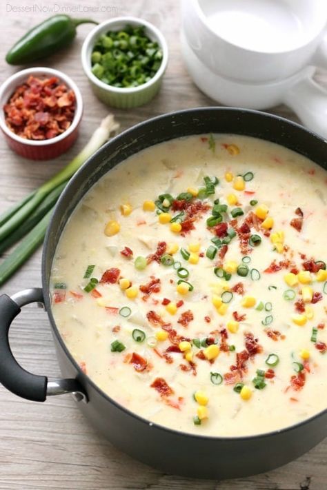 This Creamy Chicken and Corn Chowder is hearty and comforting with generous helpings of chicken, corn, bacon, green onions, potatoes and a slight kick of jalapeño. Chicken And Corn Chowder, Chicken Corn Chowder Recipe, Corn Chowder Soup, Chicken And Corn, Chicken Chowder, Low Fat Chicken, Chicken Corn Chowder, Green Chili Chicken, Chicken Corn