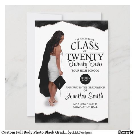 Full Body Photo, Purple Graduation, Graduation Invitation Cards, Photo Purple, Black Graduation, Black Invitation, Graduation Invitation, School Logo, Graduation Party Invitations