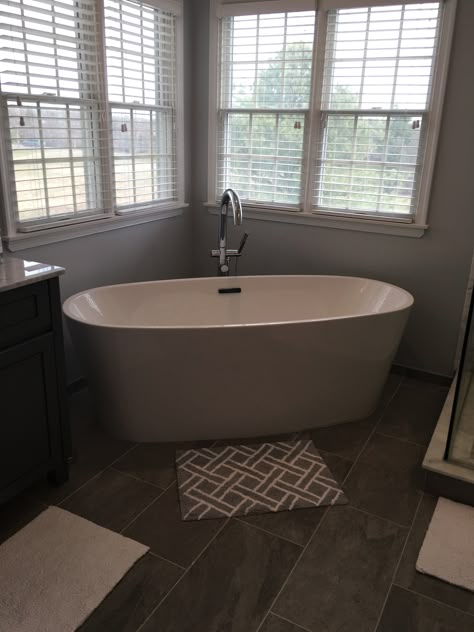 Free Standing Tub In Corner, Free Standing Bath Tub Corner, Corner Tub Master Bath, Deck Mount Free Standing Tub, Tub Surround Ideas, Stand Alone Jacuzzi Bath Tub, Diagonal Freestanding Tub, Akdy Freestanding Tub, Manufactured Home Remodel