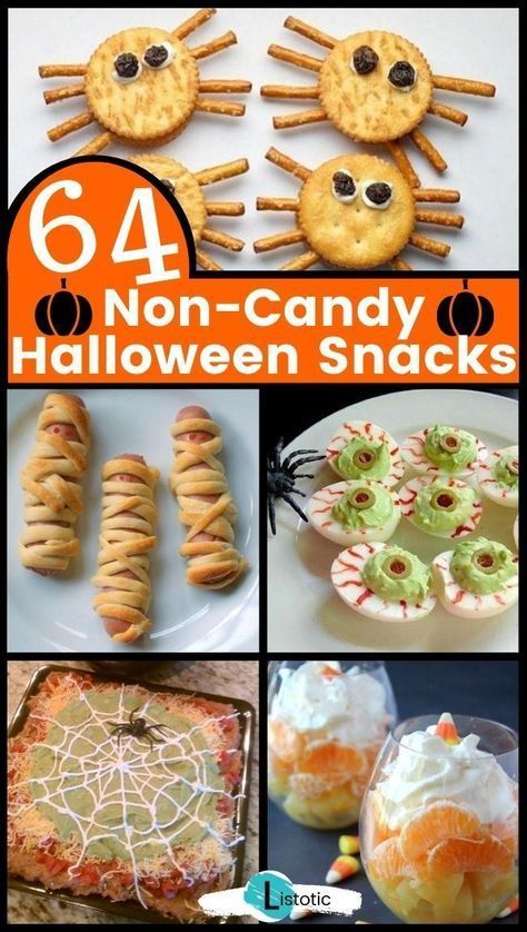 Tasty Halloween Snacks that are on the healthy side too. Instead of candy for Halloween try out any of these 64 Non candy Halloween snacks. See this big list of ideas on Listotic. Healthy Halloween Treats For Kids, Halloween Snack Ideas, Food For Party, Sac Halloween, Easy Halloween Snacks, Halloween Snacks For Kids, Halloween Party Appetizers, Healthy Halloween Treats, Treats For Kids