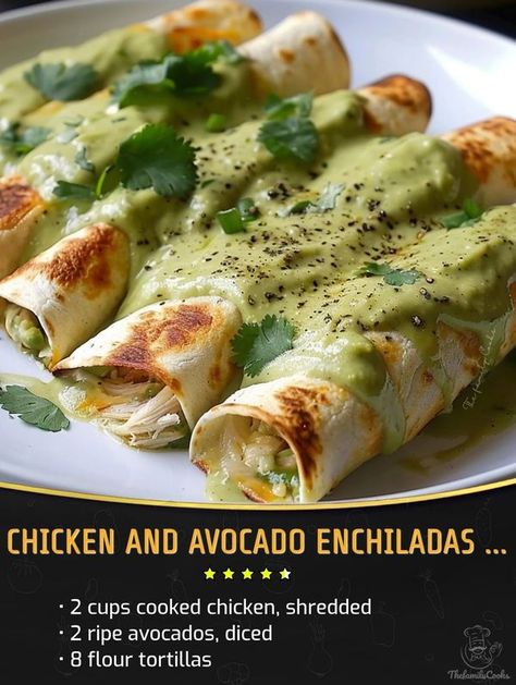 Kylie Recipes | Chicken and Avocado Enchiladas in Creamy Avocado Sauce | Facebook Chicken And Avocado Enchiladas, Chicken Avocado Enchiladas, Avocado Enchiladas, Guacamole Sauce, Creamy Enchilada, Chicken And Avocado, Chicken Shredded, Creamy Avocado Sauce, Quick Chicken Recipes