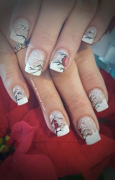 Christmas Nail Ideas Acrylic, Red Christmas Nails Acrylic, Short Christmas Nails Simple, Bird Nail Art, Cardinal Winter, Golden Bc, Winter Nail Art Designs, Christmas Nail Ideas, Manicure Nail Designs