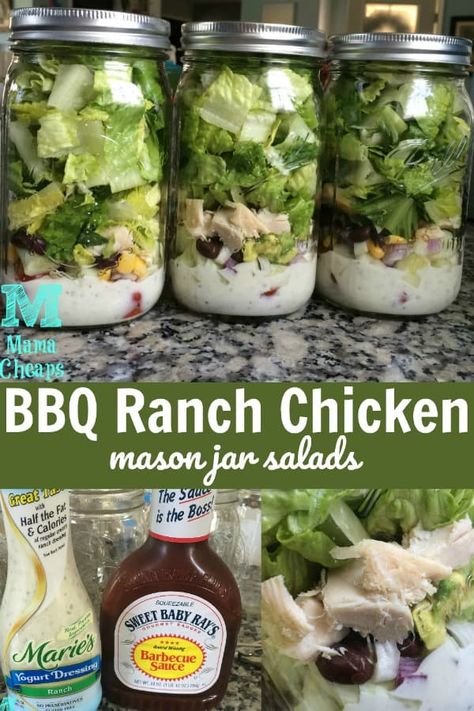 BBQ Ranch Chicken Mason Jar Salads | Mama Cheaps® Mason Jar Lunch Ideas Make Ahead, Salad Recipes Mason Jar, Grinder Salad Sub In Mason Jar, Mason Jar Chicken Ceasar Salad, Mason Jar Salad Meal Prep, Ball Jar Salads, Upside Down Salad Jar, Mason Jar Salads For A Week Meal Prep, To Go Salads