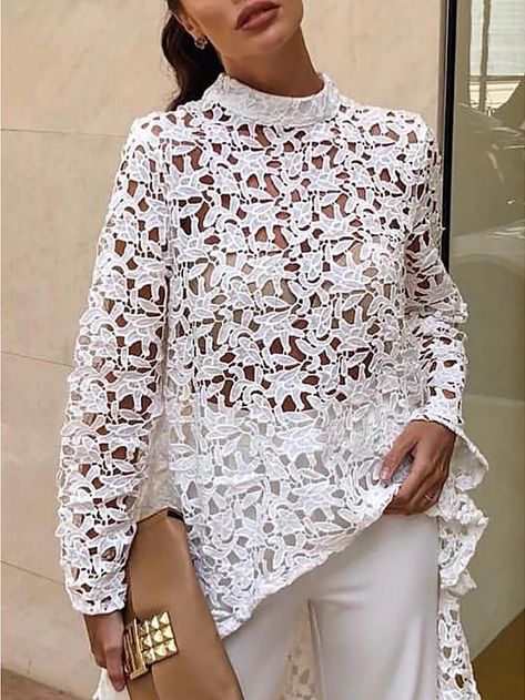 Women's Blouse Shirt Solid Colored Long Sleeve See Through Lace Asymmetric Hem Round Neck Cut Out Lace Tops Slim Lace Blushing Pink White Black 2021 - US $24.99 Dip Hem Blouse, Asos Jumpsuit, Blouse Necklines, Basic Blouses, Blouse Lace, Lace Neckline, Spring Fabric, Loose Blouse, Round Neck Tops