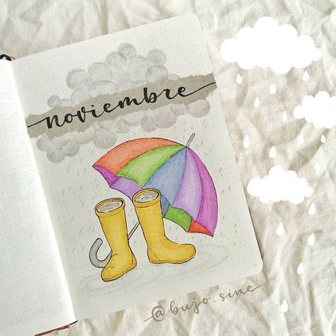 Rain Bullet Journal Theme, Umbrella Bullet Journal, Rain Bullet Journal, November Bullet Journal Cover, Yellow Wellies, Journal Cover Ideas, November Bullet Journal, Monthly Bullet Journal, Rainbow Umbrella