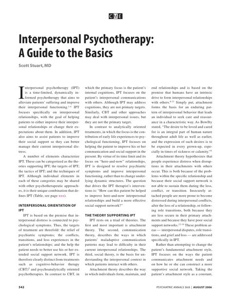 Interpersonal Psychotherapy: A Guide to the Basics Scott Stuart, MD I nterpersonal psychotherapy (IPT) ... Psychodrama Therapy, Solution Focused Therapy Techniques, Therapy Handouts, Interpersonal Therapy Ipt, Types Of Psychological Disorder, Mentalisation Based Therapy, Np School, Abnormal Psychology Pdf, Cognitive Behavior