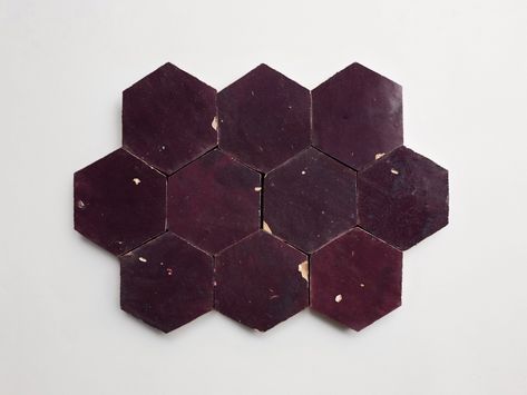 Zellige Hexagon Tile In Midnight Port Is A Glossy, Glamorous, Dark Purple Glazed Moroccan Tile, Perfect For Kitchen Backsplashes, Bathrooms, Walls And Floors. Zellige | Midnight Port | Hex | 3.5"x4"x0.375".
#BathroomDecor #BathroomInspiration #BathroomDesign #BathroomIdeas Magenta Tiles Bathroom, Purple Bathroom Tile Showers, Maroon Backsplash Kitchen, Dark Red Bathroom Tiles, Dark Purple Tile, Purple Flooring, Purple Tile Bathroom, Dark Kitchen Backsplash Ideas, Dark Purple Kitchen