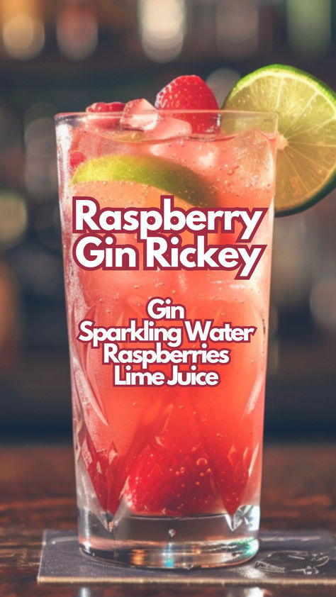 Raspberry Gin Rickey Rhubarb Gin Cocktail, Gin Rickey Recipe, Raspberry Drinks, Rickey Cocktail, Lime Cocktails, Gin Rickey, Medical Remedies, Water Cocktails, Cocktail Cards