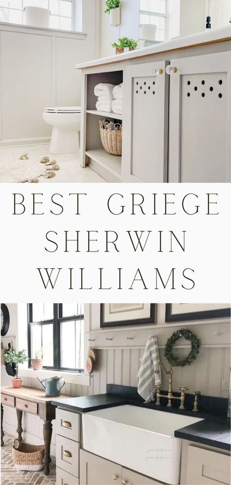 After years of designing home interiors here are the best griege paint colors by Sherwin Williams. Sharing examples in bathrooms, kitchen, barn doors, cabinets and more. Picking a Sherwin williams paint can be challenging but with these popular sherwin williams paints it will be much easier. Each neutral sherwin william paint color is broken down into LRV and color tones. Plus these trendy sherwin williams paint colors are in style. Come see these Sherwin williams neutral paint colors. Sherwin Williams Griege Paint, Sherwin Williams Griege, Griege Paint Colors, Griege Paint, Sherwin Williams Greige, Repose Gray Paint, Sherwin Williams Paint Neutral, Best Neutral Paint Colors, Greige Paint Colors