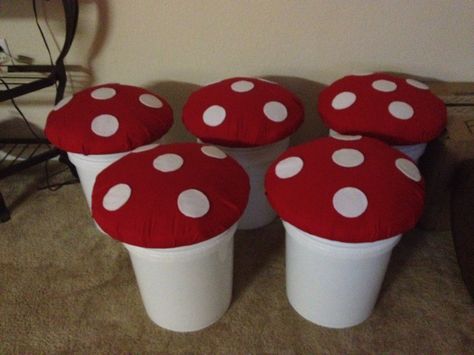 Mushroom seats for a Smurf themed classroom. Worm Classroom Decor, Forest Daycare Theme, Enchanted Garden Classroom Theme, Forest Themed Classroom Ideas, Woodland Themed Classroom, Mushroom Classroom Decoration, Garden Classroom Theme Decor, Garden Theme Classroom Decorations, Mushroom Classroom Theme