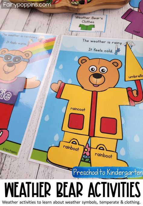 These hands-on weather activities include a dress the weather bear, weather chart, activity mats and weather worksheets. They help kids learn about weather symbols, temperature and suitable clothing for each type of weather. #weatheractivities #weatherunit #weatherbear #weatherchart #weatherworksheets #prek #preschool #kindergarten #firstgrade Weather Activity Preschool, Weather Games For Kids, Weather Kindergarten, Weather Activities Preschool, Bear Activities, Weather Activities For Kids, Weather Lessons, Weather Worksheets, Preschool Weather