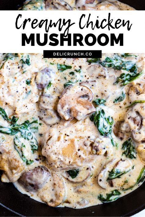 A delicious and restaurant quality creamy chicken mushroom recipe with garlic, parmesan cheese, and spinach! Best serve with rice or any kind of pasta! Chicken Mushroom Recipe, Chicken Spinach Mushroom, Creamy Chicken Mushroom, Spinach Mushroom Pasta, Chicken Mushroom Pasta, Cream Of Mushroom Chicken, Recipe With Garlic, Chicken Spinach Pasta, Creamy Mushroom Chicken