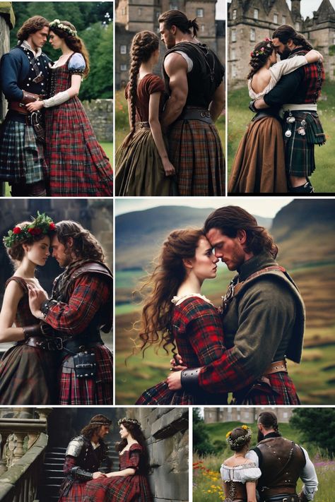 Highlander in an embrace with a beautiful noblewoman Highlander Romance Aesthetic, Scottish Romance Aesthetic, Period Romance Aesthetic, Sarah Key, Period Fashion, Romance Aesthetic, Outlander Jamie, Jamie And Claire, Character Inspo