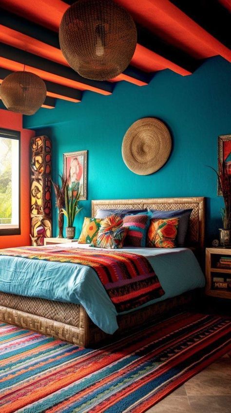 Mexican Room, Mexican Bedroom, Mexican Interior Design, Mexican Interiors, Modern Mexican, Mexican Home Decor, Mexican Home, Mexican Decor, Home Decorating Ideas