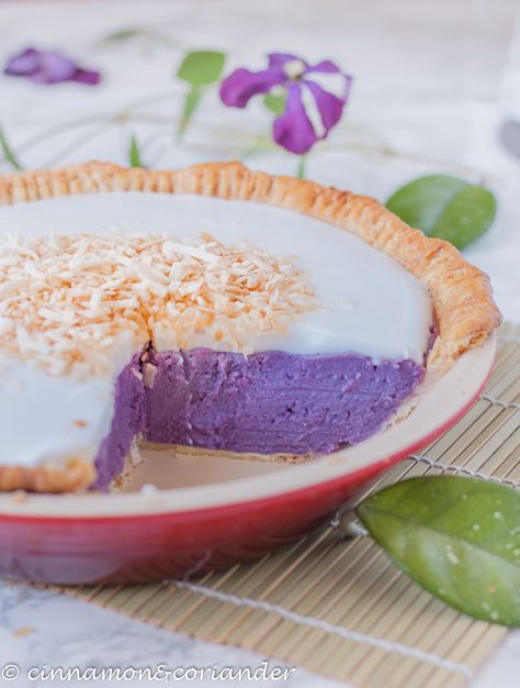 Okinawan Sweet Potato Pie with Haupia Coconut Topping - a dessert recipe from Hawaii Purple Sweet Potato Pie, Purple Sweet Potato Recipes, Sweet Potato Pie Recipes, Haupia Pie, Vegan Sweet Potato Pie, Okinawan Sweet Potato, Sweet Potato Pie Southern, Hawaiian Desserts, Easy Custard