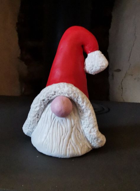 Air dry clay gnome #gnomeiswhetetheheartis Clay Gnomes, Gnome Ideas, Christmas Pottery, Santa Gnome, Clay Christmas, Gnome Ornaments, Christmas Things, Carving Ideas, Fairy Houses