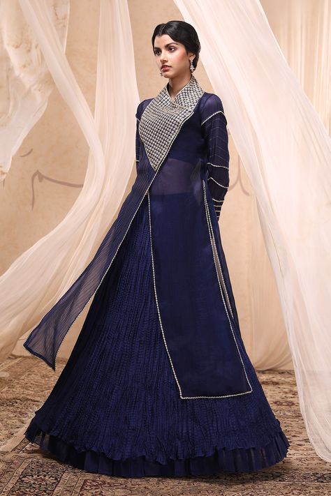 Buy Nadima Saqib Silk Organza Embroidered Kurta Lehenga Set Online | Aza Fashions Blue Jacket Style, Cotton Tops Designs, Organza Jacket, Kurta Lehenga, Lehenga Crop Top, Festival Mode, Sheer Jacket, Jacket Blouse, Asymmetric Jacket