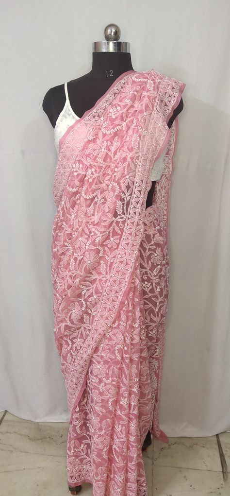 A beautiful embroidered Lucknowi Chikankari Full Jaal work Saree on faux Georgette fabric. The saree comes with blouse piece of matching color and with additional option for body shape or regular cotton petticaot. Fall pico will be done in every saree. We ship worldwide✈️ DM for more details at 9718152092 Saree For Wedding, Chikankari Saree, Saree Party Wear, Lucknowi Chikankari, Wedding Pink, Work Sarees, Georgette Fabric, Pink Saree, Body Shape