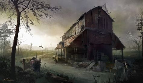 Apocalypse Farm, Art Games, Small Farmhouse, Scenic Art, Post Apocalypse, Small Farm, Post Apocalyptic, Great Stories, Fantasy Landscape