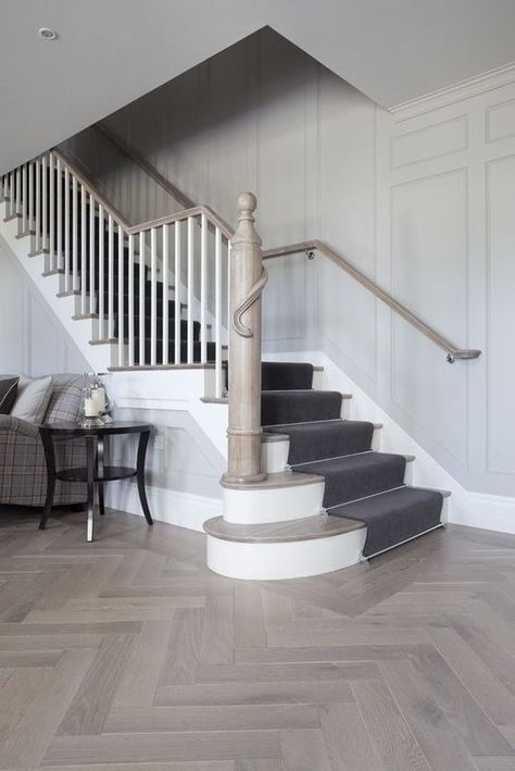 The Perfect Parquet Flooring | Direct Wood Flooring Blog Hallway Tiles Floor, Direct Wood Flooring, White Staircase, Hall Flooring, Tiled Hallway, Herringbone Wood Floor, Herringbone Wood, Hallway Flooring, Hallway Designs