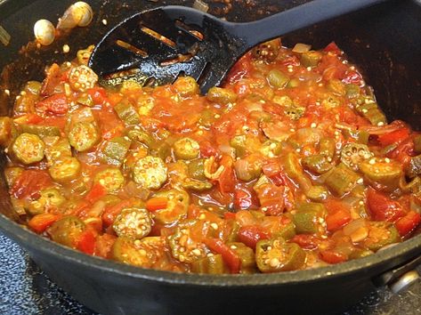 Okra And Tomatoes Southern, Stewed Tomatoes And Okra Recipe, Southern Okra, Okra And Tomato Recipe, Okra Gumbo, Okra And Tomatoes, Cajun Dishes, Okra Recipes, Gumbo Recipe