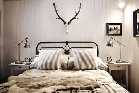 red deer antler on skull by emilyhannah ltd | notonthehighstreet.com Nordic Bedroom Ideas, Deer Antler Decor, Antlers Decor, Nordic Bedroom, Rustic Bedroom Decor, Luxury Cushions, Iron Bed, Deer Antler, Rustic Bedroom