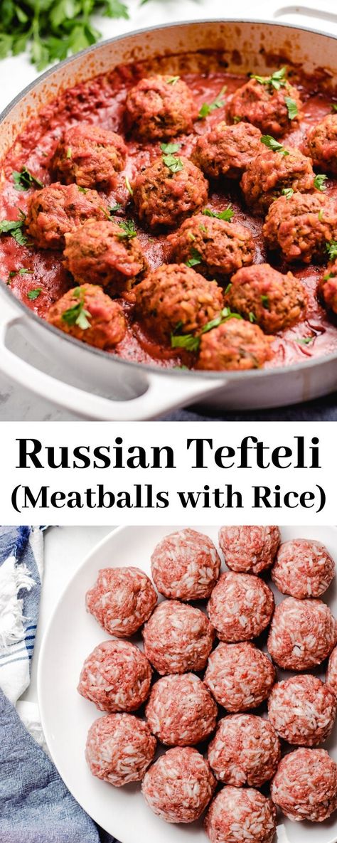 Tefteli recipe, also known as  Russian Meatballs with rice cooked in tomato sauce, is an easy comfort  meal made in just 30 minutes. #tefteli #meatballs #russian Tefteli Meatballs, Russian Meatballs, Meatballs With Rice, Recipes Meatballs, Ground Beef Meatballs, Meatballs And Rice, Meatballs Easy, Beef Meatballs, How To Cook Beef