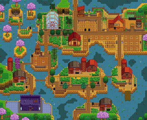 Click to open farm gallery Stardew Farms, Stardew Valley Layout, Stardew Valley Tips, Stardew Valley Farms, Valley River, Farm Layout, Beautiful Farm, Farm Design, Stardew Valley