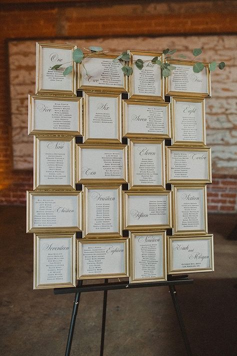 Morgan and Zack's Dark and Dramatic 'Gatsby Vibes' L A Wedding by Jorge Macis Photography - Boho Wedding Blog Picture Frame Seating Chart Wedding Diy, Picture Frame Collage Wedding Seating Chart, Picture Frame Seating Chart Wedding, Picture Frame Seating Chart, Frame Seating Chart, Wedding Chart, Seating Chart Design, Gatsby Vibes, Wedding Seating Chart Display